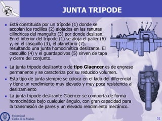 JUNTA TRIPODE
n  Está constituida por un trípode (1) donde se
acoplan los rodillos (2) alojados en las ranuras
cilíndricas del manguito (3) por donde deslizan.
En el interior del trípode (1) se aloja el palier (6)
y, en el casquillo (3), el planetario (7),
resultando una junta homocinética deslizante. El
casquillo (4) y el guardapolvos (5) sirven de tapa
y cierre del conjunto.
51
n  La junta trípode deslizante o de tipo Glaencer es de engrase
permanente y se caracteriza por su reducido volumen.
n  Esta tipo de junta siempre se coloca en el lado del diferencial
y tiene un rendimiento muy elevado y muy poca resistencia al
deslizamiento
n  La junta trípode deslizante Glaencer se comporta de forma
homocinética bajo cualquier ángulo, con gran capacidad para
la transmisión de pares y un elevado rendimiento mecánico.
 