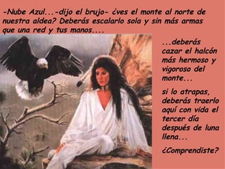 -Nube Azul...-dijo el brujo- ¿ves el monte al norte de nuestra aldea? Deberás escalarlo sola y sin más armas que una red y tus manos.... ...deberás cazar el halcón más hermoso y vigoroso del monte... si lo atrapas, deberás traerlo aquí con vida el tercer día después de luna llena... ¿Comprendiste? 