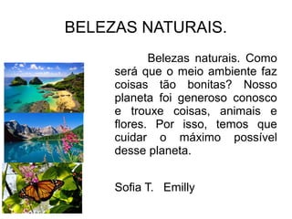BELEZAS NATURAIS.
Belezas naturais. Como
será que o meio ambiente faz
coisas tão bonitas? Nosso
planeta foi generoso conosco
e trouxe coisas, animais e
flores. Por isso, temos que
cuidar o máximo possível
desse planeta.
Sofia T. Emilly
 