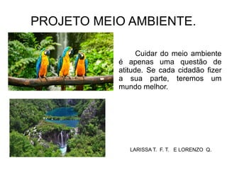 PROJETO MEIO AMBIENTE.
Cuidar do meio ambiente
é apenas uma questão de
atitude. Se cada cidadão fizer
a sua parte, teremos um
mundo melhor.
LARISSA T. F. T. E LORENZO Q.
 