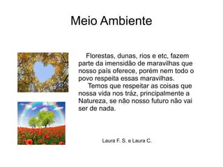 Meio Ambiente
Florestas, dunas, rios e etc, fazem
parte da imensidão de maravilhas que
nosso país oferece, porém nem todo o
povo respeita essas maravilhas.
Temos que respeitar as coisas que
nossa vida nos tráz, principalmente a
Natureza, se não nosso futuro não vai
ser de nada.
Laura F. S. e Laura C.
 
