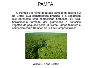 PAMPA
O Pampa é o nome dado aos campos da região Sul
do Brasil. Sua característica principal é a vegetação
que apresenta uma composição herbácea, ou seja,
basicamente formada por gramíneas e espécies
vegetais de pequeno porte. O Bioma Pampa também é
conhecido como Campos do Sul ou Campos Sulinos.
Vitória R. e Ana Beatriz
 