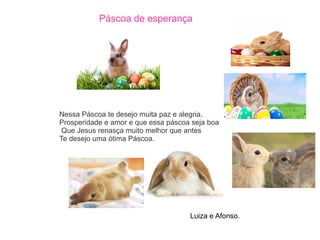 Páscoa de esperança
Nessa Páscoa te desejo muita paz e alegria,
Prosperidade e amor e que essa páscoa seja boa
Que Jesus renasça muito melhor que antes
Te desejo uma ótima Páscoa.
Luiza e Afonso.
 