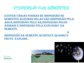 DISPERSÃO DAS SEMENTES
Exstem várias formas de dispersão de
sementes algumas delas são dispersão pela
água,dispersão pelo ar,dispersão pelos
animais e dispersão pela explosão da
semente.
A
dispersão da semente acontece quando o
fruto explode.
Pedro e NikolasPedro e
Nikolas
 