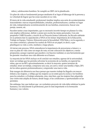 niños y adolescentes hombres. Se cumplió un 200% de lo planificado.
Un plan de vida es fundamental porque mediante él se logra el liderazgo de la persona y
su voluntad de lograr que las cosas sucedan en su vida.
El inicio de la vida estudiantil, profesional, familiar implica una serie de acontecimientos
trascendentes: nuevas responsabilidades, estudiar, profesionalizarse, cambiar su lugar
de vida, independizarse económicamente de sus familias, enamorarse, buscar una
pareja, casarse, etc.
Suceden tantas cosas importantes, que es necesario invertir tiempo en planear la vida;
esto implica reflexionar, definir y poner por escrito las metas personales. Con este
propósito CARE Ecuador, a través de su Proyecto Juntos Liderando, ha llevado adelante
en su primera fase la capacitación a NNA en los temas: Importancia de la Educación,
Trabajo en Equipo, Valores, Educación para la Sexualidad, VIH/Sida; y en la segunda, a
ver cómo construir y plasmar los sueños de NNA en un papel, es decir, a que
planifiquen su vida a corto, mediano y largo plazos.
Al iniciar este proceso, NNA entendieron la importancia de proyectarse a futuro y a
usar su plan de vida como un mapa de ruta; en este colocaron los objetivos y metas
propuestas; aunque suponen que pueden o no hacerse realidad, es una herramienta que
les permite visualizar una vida diferente en el futuro.
La mayoría de los NNA incluye en él concluir sus estudios, egresar de la universidad,
tener un trabajo que les permita solventar la economía de su familia; en especial las
niñas, que en un 80% aproximadamente, es decir la mayoría, quiere terminar de
estudiar, tener un trabajo, comprarse una casa, un carro y tener una familia e hijos; 20%
de los niños quieren profesionalizarse y emprender una nueva vida.
Este margen de diferencia nos hace pensar que nuestro trabajo ha llegado con mayor
énfasis a las mujeres, y refleja que las mujeres ya no están para la cocina y los hombres
para los estudios y el trabajo solamente, sino, más bien, que las mujeres han adquirido
una visión más amplia de futuro; desde luego, si las condiciones y oportunidades se las
permiten.
Sin embargo, hay que indicar que un verdadero proyecto de vida debe enfatizar la parte
humana y no únicamente la profesional, pues lo más importante es la formación
humana y sus valores.

10

 