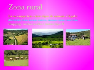Zona rural
Lá no campo tem vários tipos de animais, é legal e
divertido, tem menos carros, menos casas, não tem
shopping, menos escolas e menos lojas $.
 