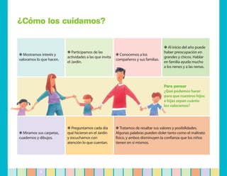 ¿Cómo los cuidamos?

                                                                                      ❋ Al inicio del año puede
                          ❋ Participamos de las                                       haber preocupación en
❋ Mostramos interés y                                    ❋ Conocemos a los
                          actividades a las que invita                                grandes y chicos. Hablar
valoramos lo que hacen.                                  compañeros y sus familias.
                          el Jardín.                                                  en familia ayuda mucho
                                                                                      a los nenes y a las nenas.



                                                                                      Para pensar
                                                                                      ¿Qué podemos hacer
                                                                                      para que nuestros hijos
                                                                                      e hijas sepan cuánto
                                                                                      los valoramos?




                          ❋ Preguntamos cada día         ❋ Tratamos de resaltar sus valores y posibilidades.
❋ Miramos sus carpetas,   qué hicieron en el Jardín      Algunas palabras pueden doler tanto como el maltrato
cuadernos y dibujos.      y escuchamos con               físico, y ambos disminuyen la confianza que los niños
                          atención lo que cuentan.       tienen en sí mismos.




            3
 