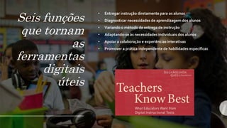 Seis funções
que tornam
as
ferramentas
digitais
úteis
• Entregar instrução diretamente para os alunos
• Diagnosticar necessidades de aprendizagem dos alunos
• Variando o método de entrega de instrução
• Adaptando-se às necessidades individuais dos alunos
• Apoiar a colaboração e experiências interativas
• Promover a prática independente de habilidades específicas
 