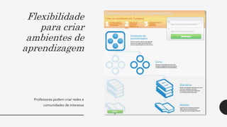 Flexibilidade
para criar
ambientes de
aprendizagem
Professores podem criar redes e
comunidades de interesse
 