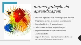 autorregulação da
aprendizagem
• Durante o processo de autorregulação o aluno:
– Diagnostica as necessidades de aprendizagem
– Formula objetivos de aprendizagem
– Seleciona estratégias de aprendizagem
– Implementa as estratégias selecionadas
– Avalia resultados
• segundo Zimmerman mesmo alunos mais dedicados
apresentam dificuldade nesse momento
 