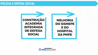 POLÍCIA E DEFESA SOCIAL
CONSTRUÇÃO
ACADEMIA
INTEGRADA
DE DEFESA
SOCIAL
MELHORIA
DO SISMEPE
E DO
HOSPITAL
DA PMPE
 