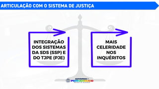ARTICULAÇÃO COM O SISTEMA DE JUSTIÇA
INTEGRAÇÃO
DOS SISTEMAS
DA SDS (SSP) E
DO TJPE (PJE)
MAIS
CELERIDADE
NOS
INQUÉRITOS
 