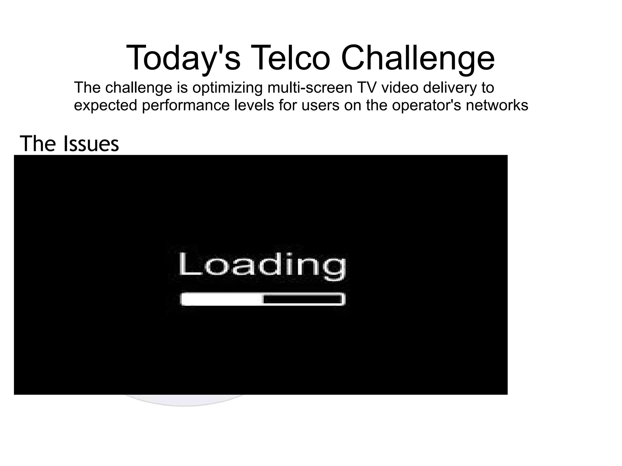 Today's Telco Challenge
       The challenge is optimizing multi-screen TV video delivery to
       expected performance levels for users on the operator's networks

The Issues
1.Existing Internet Services does not deliver broadcast quality HDTV
2. Existing Transport Protocols are not designed for Video
3. Today's Over The Top Video Services have severe limitations
4. Delays are caused by high latency, buffering,, and packet loss
 