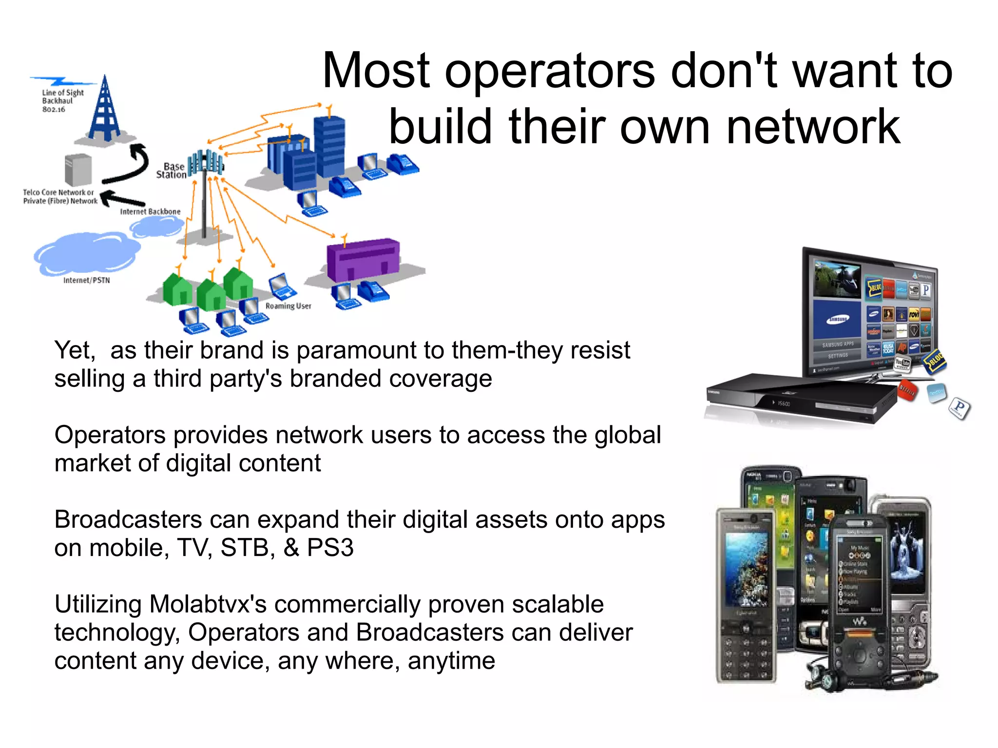 Most operators don't want to
                          build their own network



Yet, as their brand is paramount to them-they resist
selling a third party's branded coverage

Operators provides network users to access the global
market of digital content

Broadcasters can expand their digital assets onto apps
on mobile, TV, STB, & PS3

Utilizing Molabtvx's commercially proven scalable
technology, Operators and Broadcasters can deliver
content any device, any where, anytime
 