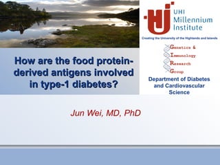 Creating the University of the Highlands and Islands
Department of Diabetes
and Cardiovascular
Science
How are the food protein-How are the food protein-
derived antigens involvedderived antigens involved
in type-1 diabetes?in type-1 diabetes?
Jun Wei, MD, PhD
 