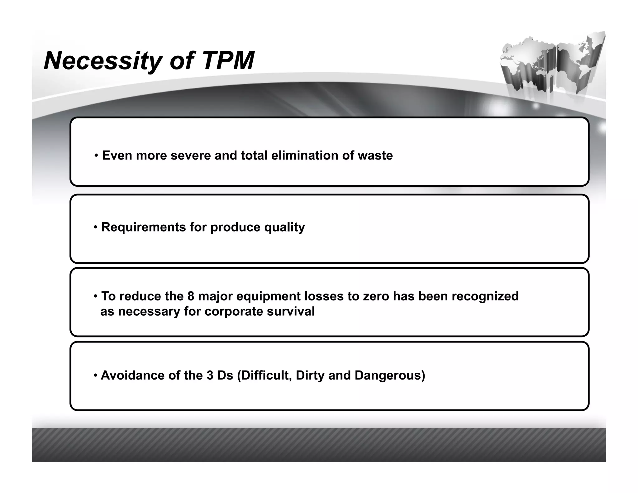 Necessity of TPM


   •  Even more severe and total elimination of waste




   •  Requirements for produce quality




   •  To reduce the 8 major equipment losses to zero has been recognized
     as necessary for corporate survival




   •  Avoidance of the 3 Ds (Difficult, Dirty and Dangerous)
 