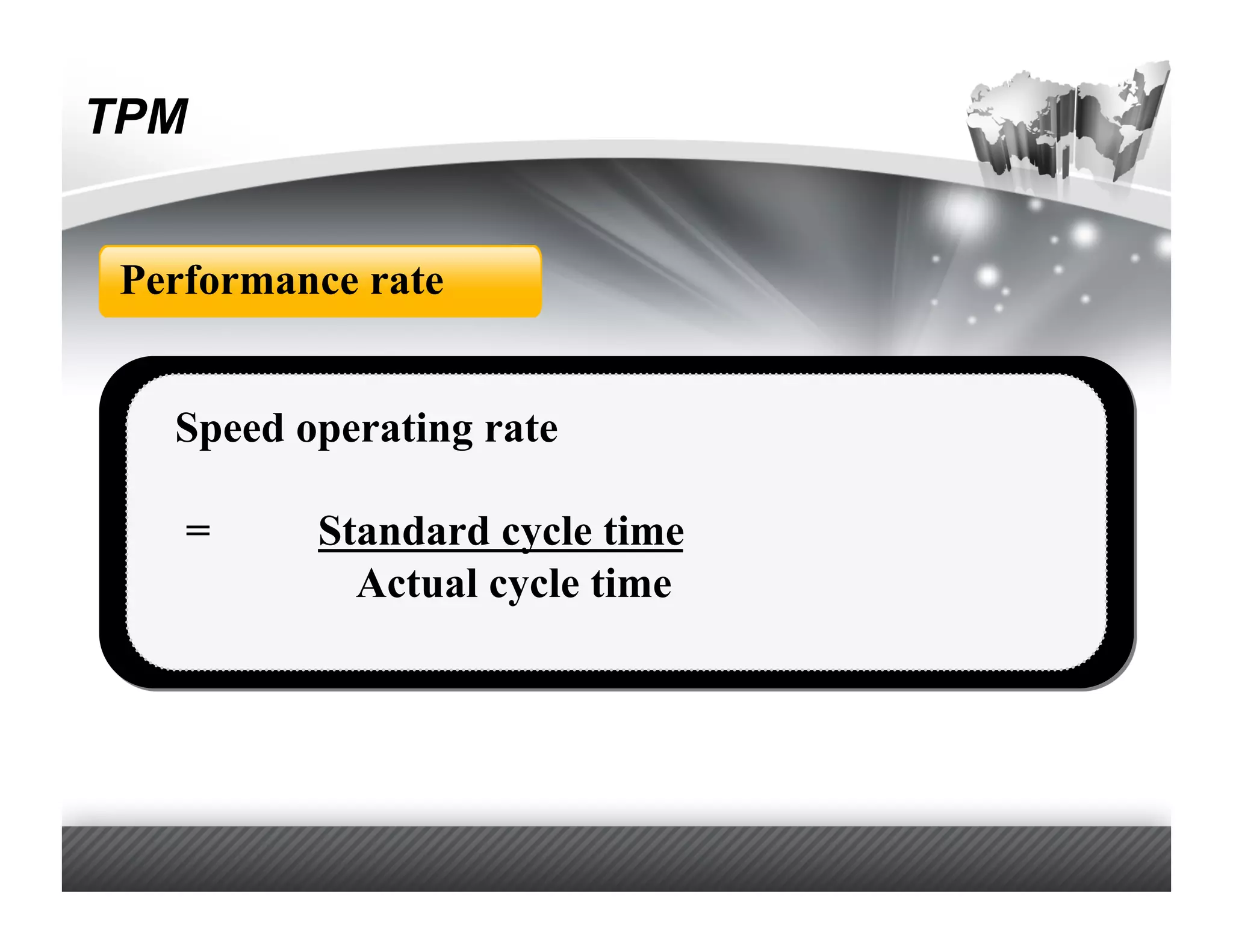 TPM


 Performance rate


   Speed operating rate

    =     Standard cycle time
            Actual cycle time
 