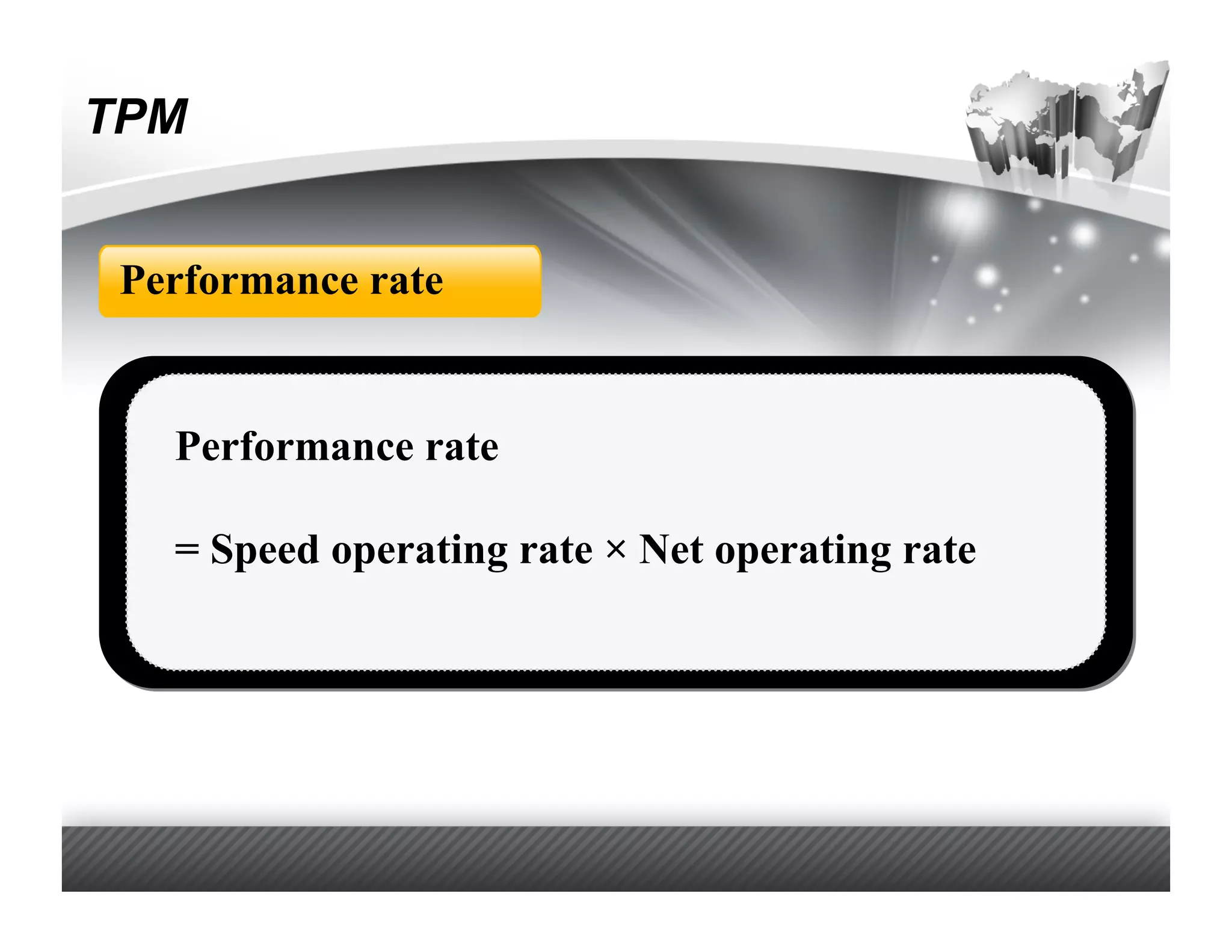 TPM


 Performance rate


   Performance rate

   = Speed operating rate × Net operating rate
 