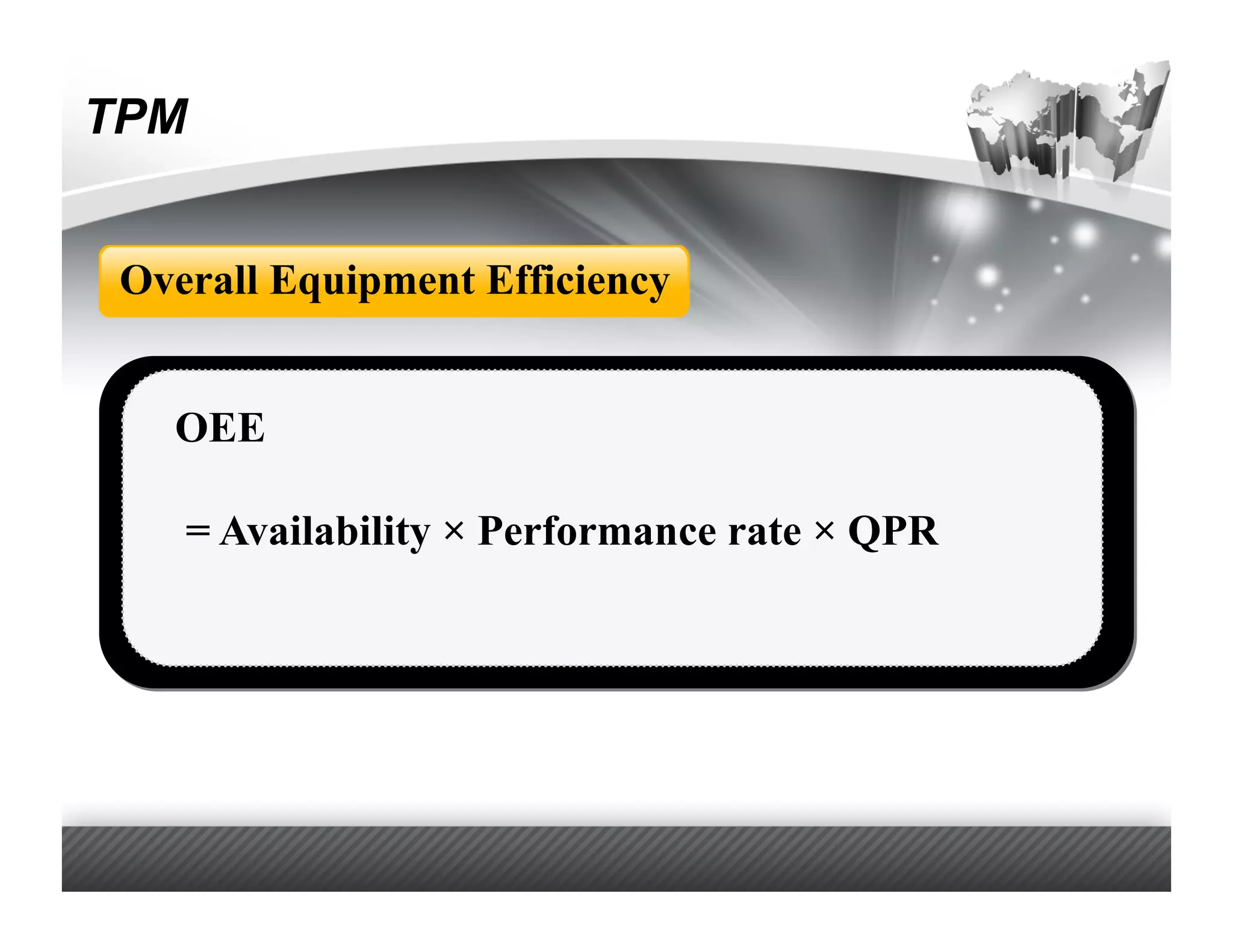 TPM


 Overall Equipment Efficiency


   OEE

    = Availability × Performance rate × QPR
 