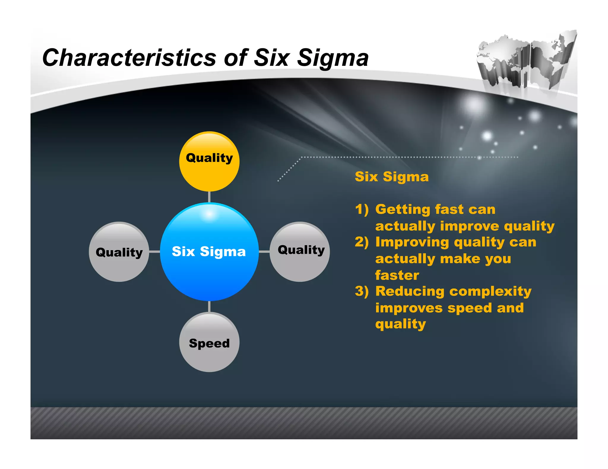 Characteristics of Six Sigma


               Quality
                                    Six Sigma

                                    1)  Getting fast can
                                        actually improve quality
                                    2)  Improving quality can
    Quality   Six Sigma   Quality
                                        actually make you
                                        faster
                                    3)  Reducing complexity
                                        improves speed and
                                        quality
                Speed
 