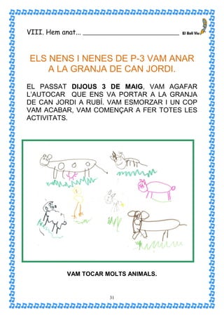 VIII. Hem anat... __________________________________


 ELS NENS I NENES DE P-3 VAM ANAR
     A LA GRANJA DE CAN JORDI.
EL PASSAT DIJOUS 3 DE MAIG, VAM AGAFAR
L’AUTOCAR QUE ENS VA PORTAR A LA GRANJA
DE CAN JORDI A RUBÍ. VAM ESMORZAR I UN COP
VAM ACABAR, VAM COMENÇAR A FER TOTES LES
ACTIVITATS.




             VAM TOCAR MOLTS ANIMALS.


                            31
 