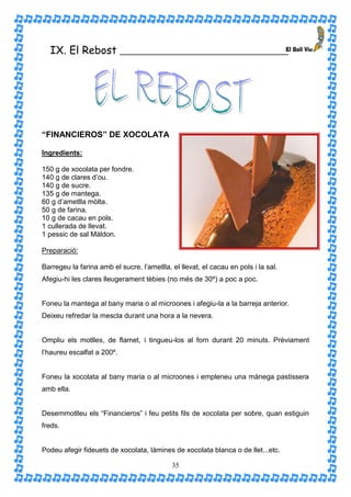 IX. El Rebost ______________________________________




“FINANCIEROS” DE XOCOLATA

Ingredients:

150 g de xocolata per fondre.
140 g de clares d’ou.
140 g de sucre.
135 g de mantega.
60 g d’ametlla mòlta.
50 g de farina.
10 g de cacau en pols.
1 cullerada de llevat.
1 pessic de sal Màldon.

Preparació:

Barregeu la farina amb el sucre, l’ametlla, el llevat, el cacau en pols i la sal.
Afegiu-hi les clares lleugerament tèbies (no més de 30º) a poc a poc.


Foneu la mantega al bany maria o al microones i afegiu-la a la barreja anterior.
Deixeu refredar la mescla durant una hora a la nevera.


Ompliu els motlles, de flamet, i tingueu-los al forn durant 20 minuts. Prèviament
l’haureu escalfat a 200º.


Foneu la xocolata al bany maria o al microones i empleneu una mànega pastissera
amb ella.


Desemmotlleu els “Financieros” i feu petits fils de xocolata per sobre, quan estiguin
freds.


Podeu afegir fideuets de xocolata, làmines de xocolata blanca o de llet...etc.

                                            35
 