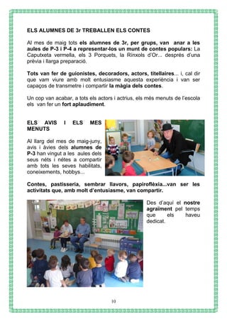 10
ELS ALUMNES DE 3r TREBALLEN ELS CONTES
Al mes de maig tots els alumnes de 3r, per grups, van anar a les
aules de P-3 i P-4 a representar-los un munt de contes populars: La
Caputxeta vermella, els 3 Porquets, la Rínxols d’Or... després d’una
prèvia i llarga preparació.
Tots van fer de guionistes, decoradors, actors, titellaires... i, cal dir
que vam viure amb molt entusiasme aquesta experiència i van ser
capaços de transmetre i compartir la màgia dels contes.
Un cop van acabar, a tots els actors i actrius, els més menuts de l’escola
els van fer un fort aplaudiment.
ELS AVIS I ELS MES
MENUTS
Al llarg del mes de maig-juny,
avis i àvies dels alumnes de
P-3 han vingut a les aules dels
seus néts i nétes a compartir
amb tots les seves habilitats,
coneixements, hobbys...
Contes, pastisseria, sembrar llavors, papiroflèxia...van ser les
activitats que, amb molt d’entusiasme, van compartir.
Des d’aquí el nostre
agraïment pel temps
que els haveu
dedicat.
 