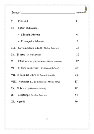 2
Sumari ______________________________
I. Editorial. 3
II. Estem al dia amb...
• L’Escola Informa 4
• El menjador informa 18
III. Notícies d’aquí i d’allà ( 5è Cicle Superior) 23
IV. El tema (2n Cicle Inicial) 25
V. L’Entrevista ( 3r Cicle Mitjà i 6è Cicle Superior) 27
VI. El Racó de Ciències (P3, Educació Infantil) 33
VII. El Racó del Llibre (P5 Educació Infantil) 35
VIII. Hem anat a... (1r Cicle Inicial i 4t Cicle Mitjà) 37
IX. El Rebost (P4 Educació Infantil) 42
X. Passatemps (5è Cicle Superior) 44
XI. Agenda 46
 