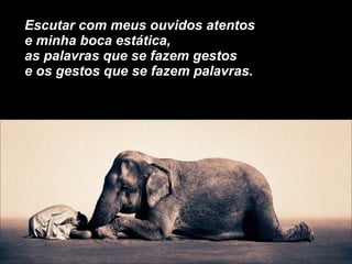 Escutar com meus ouvidos atentos e minha boca estática, as palavras que se fazem gestos e os gestos que se fazem palavras. 