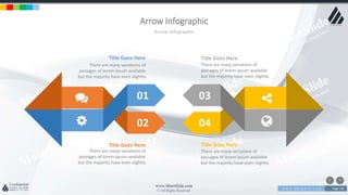 w w w . D o m a i n . c o m Page 105
www.MainSlide.com
© All Rights Reserved.
Confidential
Arrow Infographic
Arrow Infographic
01
02
03
04
Title Goes Here
There are many variations of
passages of lorem ipsum available
but the majority have even slightly
Title Goes Here
There are many variations of
passages of lorem ipsum available
but the majority have even slightly
Title Goes Here
There are many variations of
passages of lorem ipsum available
but the majority have even slightly
Title Goes Here
There are many variations of
passages of lorem ipsum available
but the majority have even slightly
 