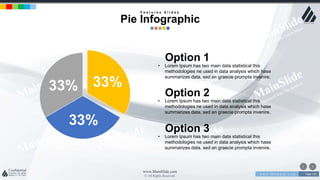 w w w . D o m a i n . c o m Page 110
www.MainSlide.com
© All Rights Reserved.
Confidential
• Lorem Ipsum has two main data statistical this
methodologies ne used in data analysis which hase
summarizes data. sed an graecie prompta invenire.
• Lorem Ipsum has two main data statistical this
methodologies ne used in data analysis which hase
summarizes data. sed an graecie prompta invenire.
Option 3
Option 1
• Lorem Ipsum has two main data statistical this
methodologies ne used in data analysis which hase
summarizes data. sed an graecie prompta invenire.
Option 2
33%33%
33%
F e a t u r e s S l i d e s
Pie Infographic
 