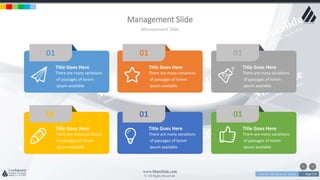 w w w . D o m a i n . c o m Page 119
www.MainSlide.com
© All Rights Reserved.
Confidential
Management Slide
Management Slide
Title Goes Here
There are many variations
of passages of lorem
ipsum available
01
Title Goes Here
There are many variations
of passages of lorem
ipsum available
01
Title Goes Here
There are many variations
of passages of lorem
ipsum available
01
Title Goes Here
There are many variations
of passages of lorem
ipsum available
01
Title Goes Here
There are many variations
of passages of lorem
ipsum available
01
Title Goes Here
There are many variations
of passages of lorem
ipsum available
01
 