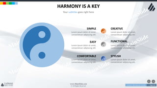 w w w . D o m a i n . c o m Page 125
www.MainSlide.com
© All Rights Reserved.
Confidential
HARMONY IS A KEY
Your subtitles goes right here
Lorem ipsum dolor sit amet,
consectetuer adipiscing elit.
SIMPLE
Lorem ipsum dolor sit amet,
consectetuer adipiscing elit.
CREATIVE
Lorem ipsum dolor sit amet,
consectetuer adipiscing elit.
EASY
Lorem ipsum dolor sit amet,
consectetuer adipiscing elit.
FUNCTIONAL
Lorem ipsum dolor sit amet,
consectetuer adipiscing elit.
COMFORTABLE
Lorem ipsum dolor sit amet,
consectetuer adipiscing elit.
STYLISH
 