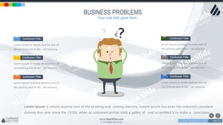 w w w . D o m a i n . c o m Page 191
www.MainSlide.com
© All Rights Reserved.
Confidential
BUSINESS PROBLEMS
01
.
Confusion Title
Lorem Ipsum is simply dummy text of
the printing and of the set industry.
02
.
Confusion Title
Lorem Ipsum is simply dummy text of
the printing and of the set industry.
03
.
Confusion Title
Lorem Ipsum is simply dummy text of
the printing and of the set industry.
04
.
Confusion Title
Lorem Ipsum is simply dummy text of
the printing and of the set industry.
05
.
Confusion Title
Lorem Ipsum is simply dummy text of
the printing and of the set industry.
06
.
Confusion Title
Lorem Ipsum is simply dummy text of
the printing and of the set industry.
Lorem Ipsum is simply dummy text of the printing and setting industry. Lorem Ipsum has been the industry's standard
dummy text ever since the 1500s, when an unknown printer took a galley of and scrambled it to make a specimen.
Your sub title goes here
 