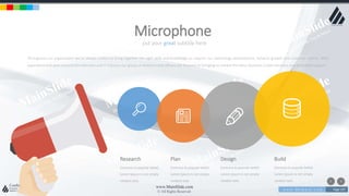 w w w . D o m a i n . c o m Page 197
www.MainSlide.com
© All Rights Reserved.
Confidential
put your great subtitle here
Microphone
Throughout our organisation we’ve always looked to bring together the right skills and knowledge to support our technology development, network growth and customer service. With
experience that goes beyond the telecoms and IT industry our group of directors and officers are focused on bringing to market the latest Business Grade solutions and dedicated support.
Contrary to popular belief,
Lorem Ipsum is not simply
random text.
Research
Contrary to popular belief,
Lorem Ipsum is not simply
random text.
Plan
Contrary to popular belief,
Lorem Ipsum is not simply
random text.
Design
Contrary to popular belief,
Lorem Ipsum is not simply
random text.
Build
 