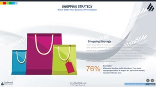 w w w . D o m a i n . c o m Page 224
www.MainSlide.com
© All Rights Reserved.
Confidential
SHOPPING STRATEGY
Make Better Your Business Presentation
Lorem ipsum dolor sit amet, consectetur adipiscing elit. Nam viverra euismod
odio, gravida pellentesque urna varius vitae. Sed dui lorem, adipiscing in
adipiscing et, interdum nec metus. Mauris ultricies, justo eu convallis
placerat, felis enim ornare nisi, vitae mattis nulla ante id dui. Ut lectus purus,
commodo et tincidunt vel, interdum sed lectus. Vestibulum adipiscing
tempor nisi id elementu sadips ipsums dolores uns fugiats gravida nam elit
vols nulla dolores amet untras sitsers.
Shopping Strategy
76%
Description
Maecenas faucibus mollis interdum. Cum sociis
natoque penatibus et magnis dis parturient montes,
nascetur ridiculus mus.
 