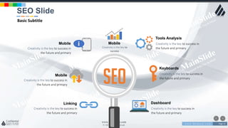 w w w . D o m a i n . c o m Page 23
www.MainSlide.com
© All Rights Reserved.
Confidential
Creativity is the key to success in
the future and primary
Mobile Creativity is the key to success in
the future and primary
Tools Analysis
Creativity is the key to success in
the future and primary
Mobile
Creativity is the key to success in
the future and primary
Linking
Creativity is the key to success in
the future and primary
Keyboards
Creativity is the key to success in
the future and primary
Dashboard
Creativity is the key to
success
Mobile
SEO Slide
Basic Subtitle
 