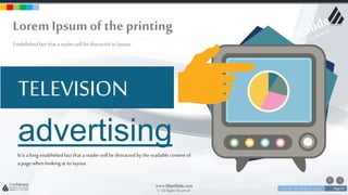w w w . D o m a i n . c o m Page 62
www.MainSlide.com
© All Rights Reserved.
Confidential
Lorem Ipsumof the printing
Estabilishedfact that a reader will be distracted its layout.
advertising
TELEVISION
It is a longestablishedfact that a reader will be distracted by the readablecontentof
a page whenlookingat its layout
 