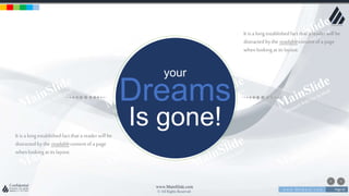 w w w . D o m a i n . c o m Page 65
www.MainSlide.com
© All Rights Reserved.
Confidential
your
Dreams
Is gone!It is a longestablishedfact that a reader will be
distracted bythe readablecontentof a page
whenlookingat its layout.
It is a longestablishedfact that a reader will be
distracted bythe readablecontentof a page
whenlookingat its layout.
 