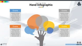 w w w . D o m a i n . c o m Page 67
www.MainSlide.com
© All Rights Reserved.
Confidential
F e a t u r e s S l i d e s
Hand Infographic
Events
Creativity is the key
to success in the
future, and primary
education where our
teachers can bring
lorem ipsum dolor
Events
Creativity is the key
to success in the
future, and primary
education where our
teachers can bring
lorem ipsum dolor
Events
Creativity is the key
to success in the
future, and primary
education where our
teachers can bring
lorem ipsum dolor
Events
Creativity is the key
to success in the
future, and primary
education where our
teachers can bring
lorem ipsum dolor
 