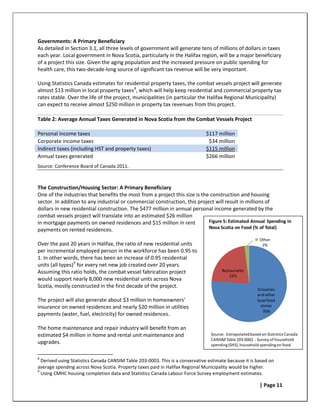 Governments: A Primary Beneficiary
As detailed in Section 3.1, all three levels of government will generate tens of millions of dollars in taxes
each year. Local government in Nova Scotia, particularly in the Halifax region, will be a major beneficiary
of a project this size. Given the aging population and the increased pressure on public spending for
health care, this two-decade-long source of significant tax revenue will be very important.

Using Statistics Canada estimates for residential property taxes, the combat vessels project will generate
almost $13 million in local property taxes 8, which will help keep residential and commercial property tax
rates stable. Over the life of the project, municipalities (in particular the Halifax Regional Municipality)
can expect to receive almost $250 million in property tax revenues from this project.

Table 2: Average Annual Taxes Generated in Nova Scotia from the Combat Vessels Project

Personal income taxes                                                          $117 million
Corporate income taxes                                                          $34 million
Indirect taxes (including HST and property taxes)                              $115 million
Annual taxes generated                                                         $266 million
Source: Conference Board of Canada 2011.



The Construction/Housing Sector: A Primary Beneficiary
One of the industries that benefits the most from a project this size is the construction and housing
sector. In addition to any industrial or commercial construction, this project will result in millions of
dollars in new residential construction. The $477 million in annual personal income generated by the
combat vessels project will translate into an estimated $26 million
in mortgage payments on owned residences and $15 million in rent            Figure 5: Estimated Annual Spending in
payments on rented residences.                                              Nova Scotia on Food (% of Total)

                                                                                                           Other
Over the past 20 years in Halifax, the ratio of new residential units                                       2%
per incremental employed person in the workforce has been 0.95 to
1. In other words, there has been an increase of 0.95 residential
units (all types) 9 for every net new job created over 20 years.
Assuming this ratio holds, the combat vessel fabrication project                       Restaurants
                                                                                           22%
would support nearly 8,000 new residential units across Nova
Scotia, mostly constructed in the first decade of the project.
                                                                                                          Groceries
                                                                                                          and other
The project will also generate about $3 million in homeowners’                                            local food
insurance on owned residences and nearly $20 million in utilities                                           stores
                                                                                                             76%
payments (water, fuel, electricity) for owned residences.

The home maintenance and repair industry will benefit from an
estimated $4 million in home and rental unit maintenance and                     Source: Extrapolated based on Statistics Canada
                                                                                 CANSIM Table 203-0002 - Survey of household
upgrades.                                                                        spending (SHS), household spending on food.

8
  Derived using Statistics Canada CANSIM Table 203-0003. This is a conservative estimate because it is based on
average spending across Nova Scotia. Property taxes paid in Halifax Regional Municipality would be higher.
9
  Using CMHC housing completion data and Statistics Canada Labour Force Survey employment estimates.

                                                                                                           | Page 11
 