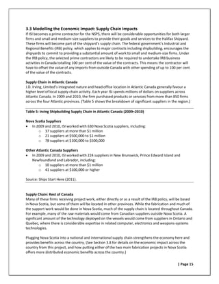 3.3 Modelling the Economic Impact: Supply Chain Impacts
If ISI becomes a prime contractor for the NSPS, there will be considerable opportunities for both larger
firms and small and medium-size suppliers to provide their goods and services to the Halifax Shipyard.
These firms will become part of the shipyard's supply chain. The federal government’s Industrial and
Regional Benefits (IRB) policy, which applies to major contracts including shipbuilding, encourages the
shipyards to commit to providing a substantial amount of work to small and medium-size firms. Under
the IRB policy, the selected prime contractors are likely to be required to undertake IRB business
activities in Canada totalling 100 per cent of the value of the contracts. This means the contractor will
have to offset the value of any imports from outside Canada with other spending of up to 100 per cent
of the value of the contracts.

Supply Chain in Atlantic Canada
J.D. Irving, Limited’s integrated nature and head office location in Atlantic Canada generally favour a
higher level of local supply-chain activity. Each year ISI spends millions of dollars on suppliers across
Atlantic Canada. In 2009 and 2010, the firm purchased products or services from more than 850 firms
across the four Atlantic provinces. (Table 5 shows the breakdown of significant suppliers in the region.)

Table 5: Irving Shipbuilding Supply Chain in Atlantic Canada (2009–2010)

Nova Scotia Suppliers
• In 2009 and 2010, ISI worked with 630 Nova Scotia suppliers, including:
       o 37 suppliers at more than $1 million
       o 21 suppliers at $500,000 to $1 million
       o 78 suppliers at $100,000 to $500,000

Other Atlantic Canada Suppliers
• In 2009 and 2010, ISI worked with 224 suppliers in New Brunswick, Prince Edward Island and
   Newfoundland and Labrador, including:
       o 10 suppliers at more than $1 million
       o 41 suppliers at $100,000 or higher

Source: Ships Start Here (2011).


Supply Chain: Rest of Canada
Many of these firms receiving project work, either directly or as a result of the IRB policy, will be based
in Nova Scotia, but some of them will be located in other provinces. While the fabrication and much of
the support work would be done in Nova Scotia, much of the supply chain is located throughout Canada.
For example, many of the raw materials would come from Canadian suppliers outside Nova Scotia. A
significant amount of the technology deployed on the vessels would come from suppliers in Ontario and
Quebec, where there is considerable expertise in related computer, electronics and weapons-systems
technologies.

Plugging Nova Scotia into a national and international supply chain strengthens the economy here and
provides benefits across the country. (See Section 3.8 for details on the economic impact across the
country from this project, and how putting either of the two main fabrication projects in Nova Scotia
offers more distributed economic benefits across the country.)


                                                                                                 | Page 15
 