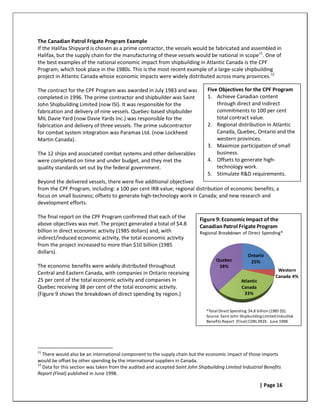 The Canadian Patrol Frigate Program Example
If the Halifax Shipyard is chosen as a prime contractor, the vessels would be fabricated and assembled in
Halifax, but the supply chain for the manufacturing of these vessels would be national in scope 11. One of
the best examples of the national economic impact from shipbuilding in Atlantic Canada is the CPF
Program, which took place in the 1980s. This is the most recent example of a large-scale shipbuilding
project in Atlantic Canada whose economic impacts were widely distributed across many provinces. 12

The contract for the CPF Program was awarded in July 1983 and was                Five Objectives for the CPF Program
completed in 1996. The prime contractor and shipbuilder was Saint                1. Achieve Canadian content
John Shipbuilding Limited (now ISI). It was responsible for the                      through direct and indirect
fabrication and delivery of nine vessels. Quebec-based shipbuilder                   commitments to 100 per cent
MIL Davie Yard (now Davie Yards Inc.) was responsible for the                        total contract value.
fabrication and delivery of three vessels. The prime subcontractor               2. Regional distribution in Atlantic
for combat system integration was Paramax Ltd. (now Lockheed                         Canada, Quebec, Ontario and the
Martin Canada).                                                                      western provinces.
                                                                                 3. Maximize participation of small
The 12 ships and associated combat systems and other deliverables                    business.
were completed on time and under budget, and they met the                        4. Offsets to generate high-
quality standards set out by the federal government.                                 technology work.
                                                                                 5. Stimulate R&D requirements.
Beyond the delivered vessels, there were five additional objectives
from the CPF Program, including: a 100 per cent IRB value; regional distribution of economic benefits; a
focus on small business; offsets to generate high-technology work in Canada; and new research and
development efforts.

The final report on the CPF Program confirmed that each of the               Figure 9: Economic Impact of the
above objectives was met. The project generated a total of $4.8              Canadian Patrol Frigate Program
billion in direct economic activity (1985 dollars) and, with                 Regional Breakdown of Direct Spending*
indirect/induced economic activity, the total economic activity
from the project increased to more than $10 billion (1985
dollars).
                                                                                                       Ontario
                                                                                     Quebec             25%
The economic benefits were widely distributed throughout                              38%
                                                                                                                        Western
Central and Eastern Canada, with companies in Ontario receiving
                                                                                                                       Canada 4%
25 per cent of the total economic activity and companies in                                        Atlantic
Quebec receiving 38 per cent of the total economic activity.                                       Canada
(Figure 9 shows the breakdown of direct spending by region.)                                        33%


                                                                                *Total Direct Spending: $4.8 billion (1985 $$).
                                                                                Source: Saint John Shipbuilding Limited Industrial
                                                                                Benefits Report (Final) CDRL 092X. June 1998.




11
   There would also be an international component to the supply chain but the economic impact of those imports
would be offset by other spending by the international suppliers in Canada.
12
   Data for this section was taken from the audited and accepted Saint John Shipbuilding Limited Industrial Benefits
Report (Final) published in June 1998.

                                                                                                              | Page 16
 