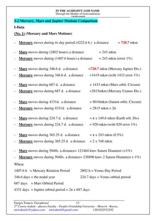 IN THE ALMIGHTY GOD NAME
Through the Mother of God mediation
I do this research
Gerges Francis Tawadrous/
2nd
Course student – physics Faculty – People's Friendship University – Moscow –Russia..
mrwaheid1@yahoo.com mrwaheid@gmail.com +201022532292
13
3-2 Mercury, Mars and Jupiter Motions Comparison
I-Data
(No. 1) (Mercury and Mars Motions)
- Mercury moves during its day period (4222.6 h.) a distance = 720.7 mkm
- Mars moves during (2802 hours) a distance = 243 mkm
- Mercury moves during (1407.6 hours) a distance = 243 mkm (error 1%)
- Mars moves during 346.6 d. a distance =720.7 mkm (Mercury Jupiter Dis.)
- Mercury moves during 346.6 d. a distance =1419 mkm (with 1433 error 1%)
- Mars moves during 687 d. a distance = 1433 mkm (Mars orbit. Circum)
- Mercury moves during 687 d. a distance =2815mkm (Mercury Uranus Dis.)
- Mars moves during 4331d. a distance = 9010mkm (Saturn orbit. Circum)
- Mercury moves during 4331d. a distance = 2815 mkm x 2π
- Mars moves during 224.7 d. a distance = π x 149.6 mkm (Earth orb. Dis)
- Mercury moves during 224.7 d. a distance = 920 mkm (with 929 error 1%)
- Mars moves during 365.25 d. a distance = π x 243 mkm (0.5%)
- Mercury moves during 365.25 d. a distance = 2 x 748 mkm
- Mars moves during 5040s. a distance= 121464 km= Saturn Diameter (+1%)
- Mercury moves during 5040s. a distance= 238896 km= 2 Saturn Diameters (-1%)
Where
1407.6 h = Mercury Rotation Period 2802 h = Venus Day Period
346.6 days = the nodal year 224.7 days = Venus orbital period
687 days = Mars Orbital Period
4331 days = Jupiter orbital period = 2π x 687 days
 