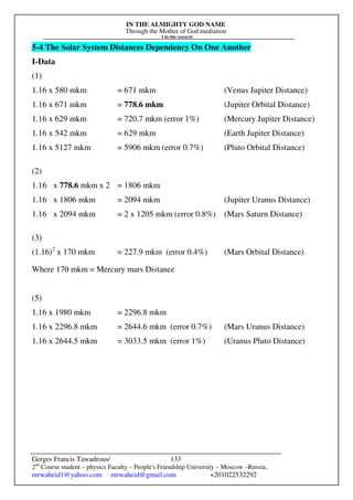IN THE ALMIGHTY GOD NAME
Through the Mother of God mediation
I do this research
Gerges Francis Tawadrous/
2nd
Course student – physics Faculty – People's Friendship University – Moscow –Russia..
mrwaheid1@yahoo.com mrwaheid@gmail.com +201022532292
133
5-4 The Solar System Distances Dependency On One Another
I-Data
(1)
1.16 x 580 mkm = 671 mkm (Venus Jupiter Distance)
1.16 x 671 mkm = 778.6 mkm (Jupiter Orbital Distance)
1.16 x 629 mkm = 720.7 mkm (error 1%) (Mercury Jupiter Distance)
1.16 x 542 mkm = 629 mkm (Earth Jupiter Distance)
1.16 x 5127 mkm = 5906 mkm (error 0.7%) (Pluto Orbital Distance)
(2)
1.16 x 778.6 mkm x 2 = 1806 mkm
1.16 x 1806 mkm = 2094 mkm (Jupiter Uranus Distance)
1.16 x 2094 mkm = 2 x 1205 mkm (error 0.8%) (Mars Saturn Distance)
(3)
(1.16)2
x 170 mkm = 227.9 mkm (error 0.4%) (Mars Orbital Distance)
Where 170 mkm = Mercury mars Distance
(5)
1.16 x 1980 mkm = 2296.8 mkm
1.16 x 2296.8 mkm = 2644.6 mkm (error 0.7%) (Mars Uranus Distance)
1.16 x 2644.5 mkm = 3033.5 mkm (error 1%) (Uranus Pluto Distance)
 