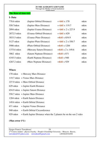 IN THE ALMIGHTY GOD NAME
Through the Mother of God mediation
I do this research
Gerges Francis Tawadrous/
2nd
Course student – physics Faculty – People's Friendship University – Moscow –Russia..
mrwaheid1@yahoo.com mrwaheid@gmail.com +201022532292
54
The Rate of time 4.61
I- Data
778.6 mkm (Jupiter Orbital Distance) = 4.61 x 170 mkm
550.7mkm (Jupiter Mars Distance) = 4.61 x 119.7 mkm
2094 mkm (Jupiter Uranus Distance) = 4.61 x 2 x 227.9 mkm
2872.5 mkm (Uranus Orbital Distance) = 4.61 x 629 mkm
3033.5 mkm (Uranus Pluto Distance) =4.61 x 654.9 mkm
5127 mkm (Jupiter Pluto Distance) = 4.61 x 2 x 550.7 mkm
5906 mkm (Pluto Orbital Distance) =4.61 x 1284 mkm
1375.6 mkm (Mercury Saturn Distance) =4.61 x 2 x 149.6 mkm
3062 mkm (Saturn Neptune Distance) =4.61 x 671 mkm
4345.5 mkm (Earth Neptune Distance) =4.61 x 940 mkm
4267.2 mkm (Mars Neptune Distance) =4.61 x 929 mkm
Where
170 mkm = Mercury Mars Distance
119.7 mkm = Venus Mars Distance
227.9 mkm = Mars Orbital Distance
629 mkm = Jupiter Earth Distance
654.9 mkm = Jupiter Saturn Distance
550.7 mkm = Jupiter Mars Distance
1284 mkm = Earth Saturn Distance
149.6 mkm = Earth Orbital Distance
671 mkm = Jupiter Venus Distance
940 mkm = Earth Orbital Circumference
929 mkm = Earth Jupiter Distance when the 2 planets be on the sun 2 sides
(Max error 1%)
 