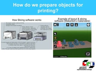 How do we prepare objects for
printing?
How Slicing software works Example of layout & slicing
software (Makerbot’s makerw...