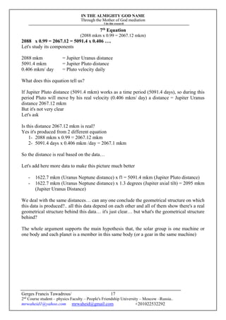IN THE ALMIGHTY GOD NAME
Through the Mother of God mediation
I do this research
Gerges Francis Tawadrous/
2nd
Course student – physics Faculty – People's Friendship University – Moscow –Russia..
mrwaheid1@yahoo.com mrwaheid@gmail.com +201022532292
17
7th
Equation
(2088 mkm x 0.99 = 2067.12 mkm)
2088 x 0.99 = 2067.12 = 5091.4 x 0.406 ….
Let's study its components
2088 mkm = Jupiter Uranus distance
5091.4 mkm = Jupiter Pluto distance
0.406 mkm/ day = Pluto velocity daily
What does this equation tell us?
If Jupiter Pluto distance (5091.4 mkm) works as a time period (5091.4 days), so during this
period Pluto will move by his real velocity (0.406 mkm/ day) a distance = Jupiter Uranus
distance 2067.12 mkm
But it's not very clear
Let's ask
Is this distance 2067.12 mkm is real?
Yes it's produced from 2 different equation
1- 2088 mkm x 0.99 = 2067.12 mkm
2- 5091.4 days x 0.406 mkm /day = 2067.1 mkm
So the distance is real based on the data…
Let's add here more data to make this picture much better
- 1622.7 mkm (Uranus Neptune distance) x Π = 5091.4 mkm (Jupiter Pluto distance)
- 1622.7 mkm (Uranus Neptune distance) x 1.3 degrees (Jupiter axial tilt) = 2095 mkm
(Jupiter Uranus Distance)
We deal with the same distances… can any one conclude the geometrical structure on which
this data is produced?.. all this data depend on each other and all of them show there's a real
geometrical structure behind this data… it's just clear… but what's the geometrical structure
behind?
The whole argument supports the main hypothesis that, the solar group is one machine or
one body and each planet is a member in this same body (or a gear in the same machine)
 