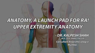 ANATOMY, A LAUNCH PAD FOR RA!
UPPER EXTREMITY ANATOMY
DR KALPESH SHAH
M.D.,D.A (Anaesthesia )
Consultant Anaesthesiologist
Mumbai
 