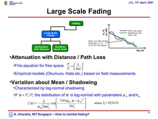J.U., 13th April, 2007


                         Large Scale Fading
                                              Fading




                                                                          (in dB)
                                                                           Pr/Pt
                                                                                          Path Loss alone
                      Large Scale                                                         Shadowing and
                        Fading                                                            Path Loss


                                                            Slope 10n dB/ decade
                                                            Generally n>>2
                                                            (n=2 for free space)
             Attenuation       Variation
             with distance    about mean
                                                                                                   log (d)


•Attenuation with Distance / Path Loss
                                                        2
                                           Pr  λ 
 •Friis equation for free space              ∝     
                                           Pt  4πd 
 •Empirical models (Okumura, Hata etc.) based on field measurements

•Variation about Mean / Shadowing
 •Characterized by log-normal shadowing
 •If ψ = Pt Pr the distribution of ψ is log-normal with parameters µ ψ and σ ψ
                     ξ         (10 log 10 ψ − µ ψ ) 2 
         f ( ψ) =         exp −                                 where    ξ = 10 ln 10
                  ψ 2πσ ψ
                        2
                              
                                       2σ ψ2
                                                       
                                                       
                                                                                                             10
 A. Chandra, NIT Durgapur – How to combat fading?
 